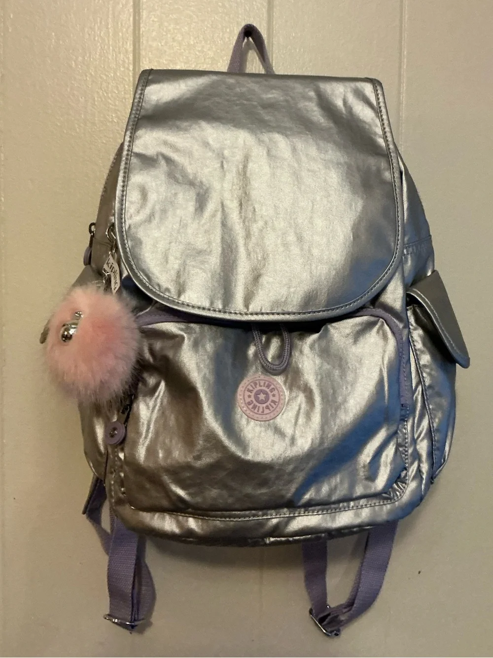 NWT Kipling city pack Metallic Backpack Purple Straps Monkey Zip Pockets Bag